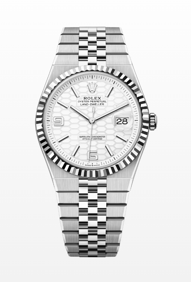 ROLEX Land-Dweller 40, white gold with an intense white, honeycomb-motif dial