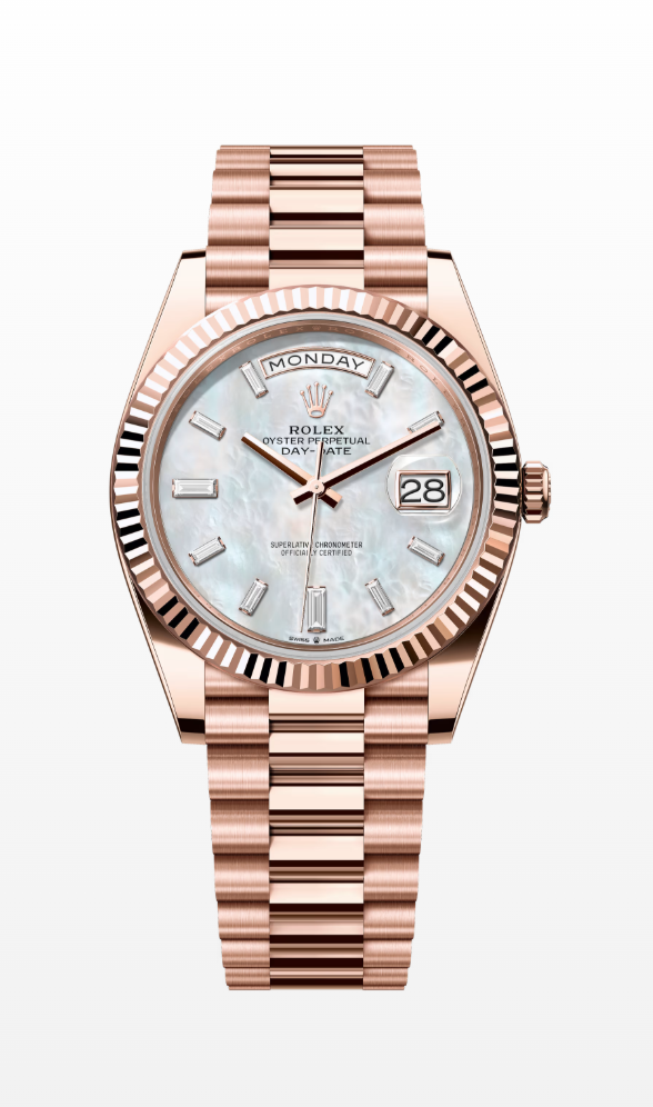 ROLEX DAY DATE 40, 18 kt Everose gold with a white mother-of-pearl, diamond-set dial,